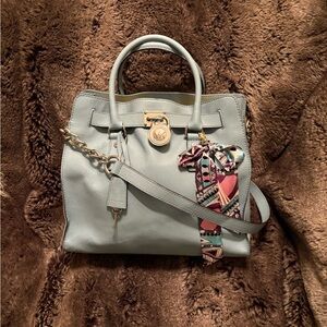Elegant baby blue Michael Kors Hamilton Handbag with Scarf Accent